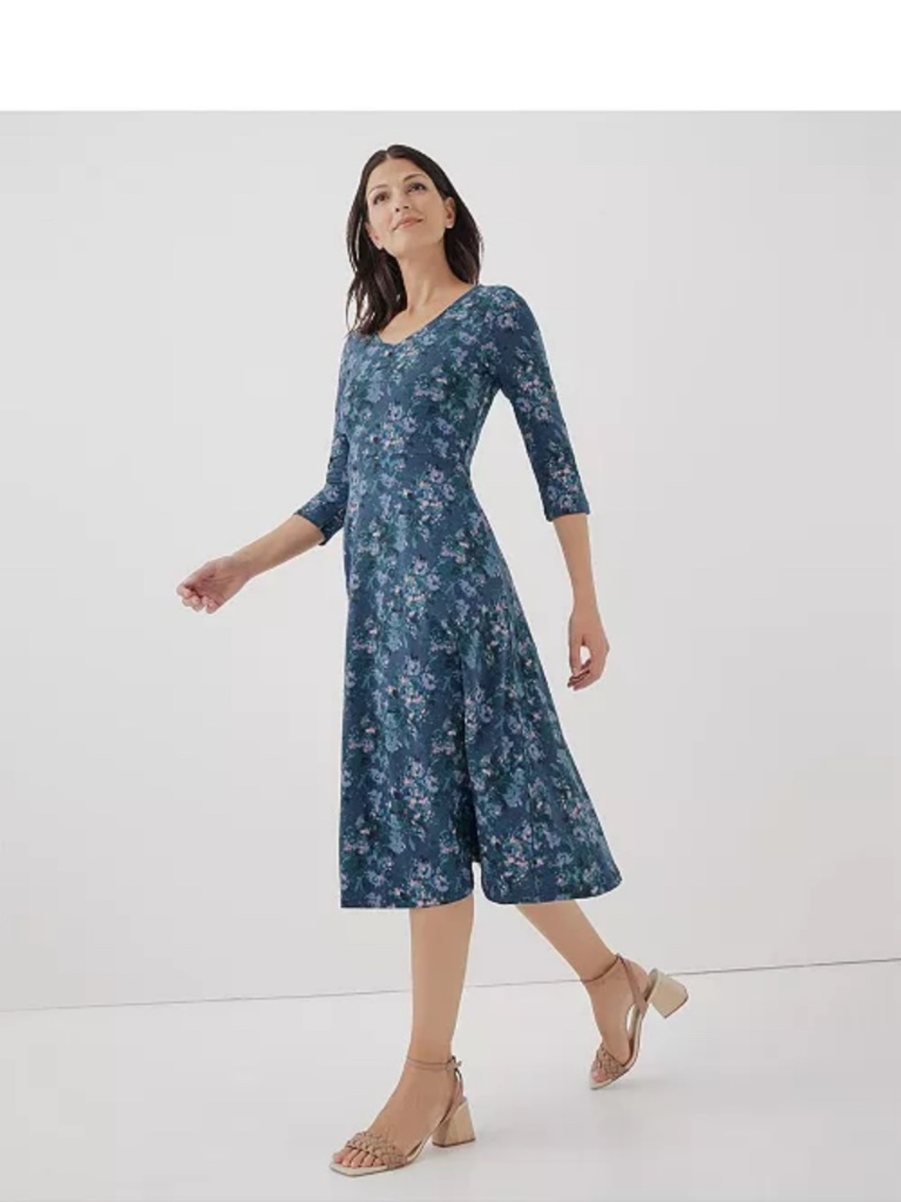 Pact Party Midi Dress M Blue Teal Floral Organic Cotton V Neck NWT
